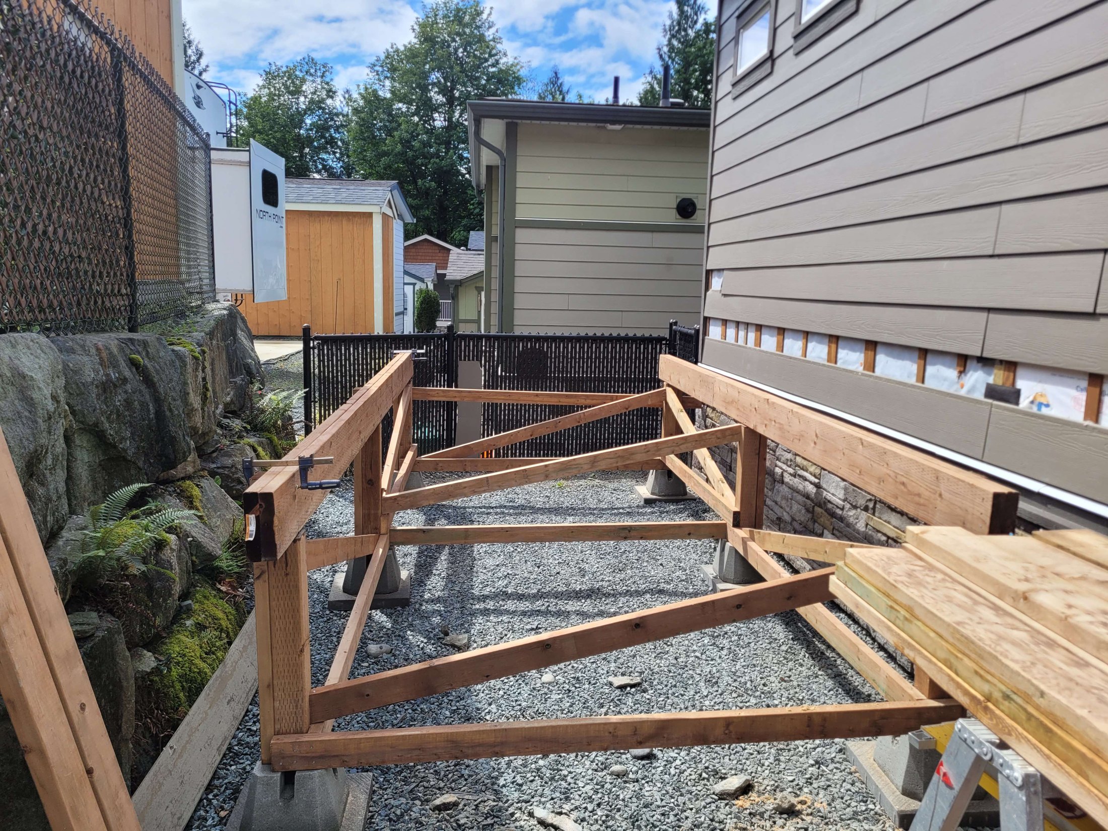 Deck framing positioned to match the future bedroom door height