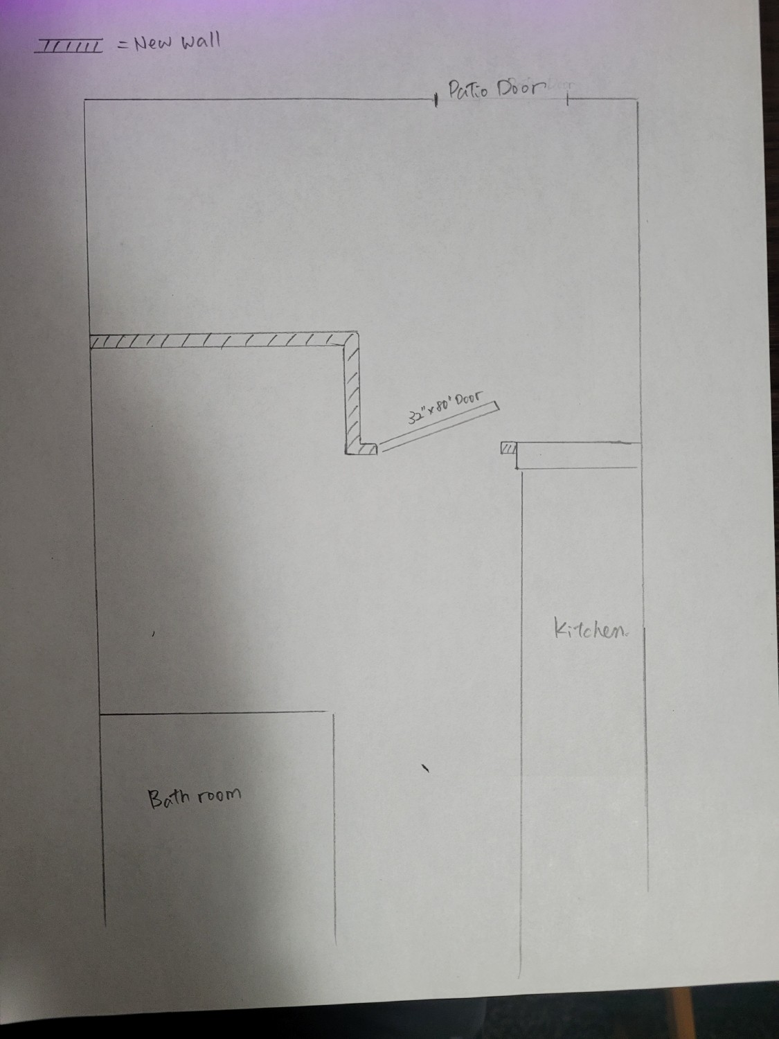 Final floor plan: the wall steps around a sofa recess beside the kitchen.