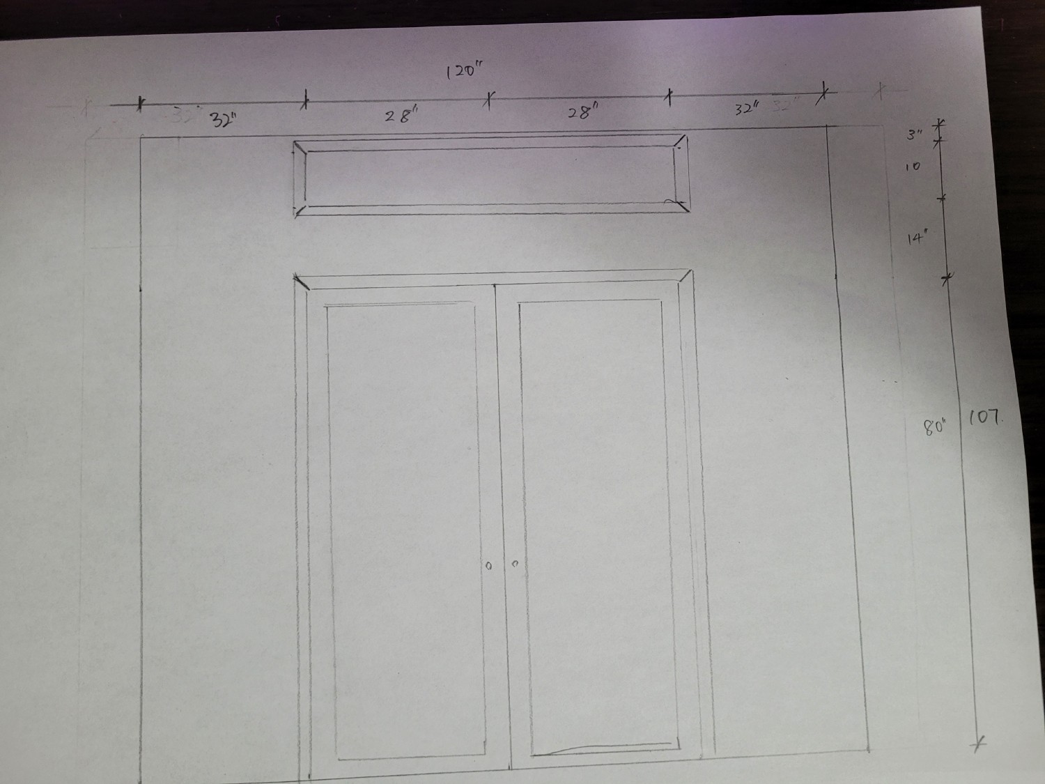 First concept: the customer’s double-door idea with glass above.