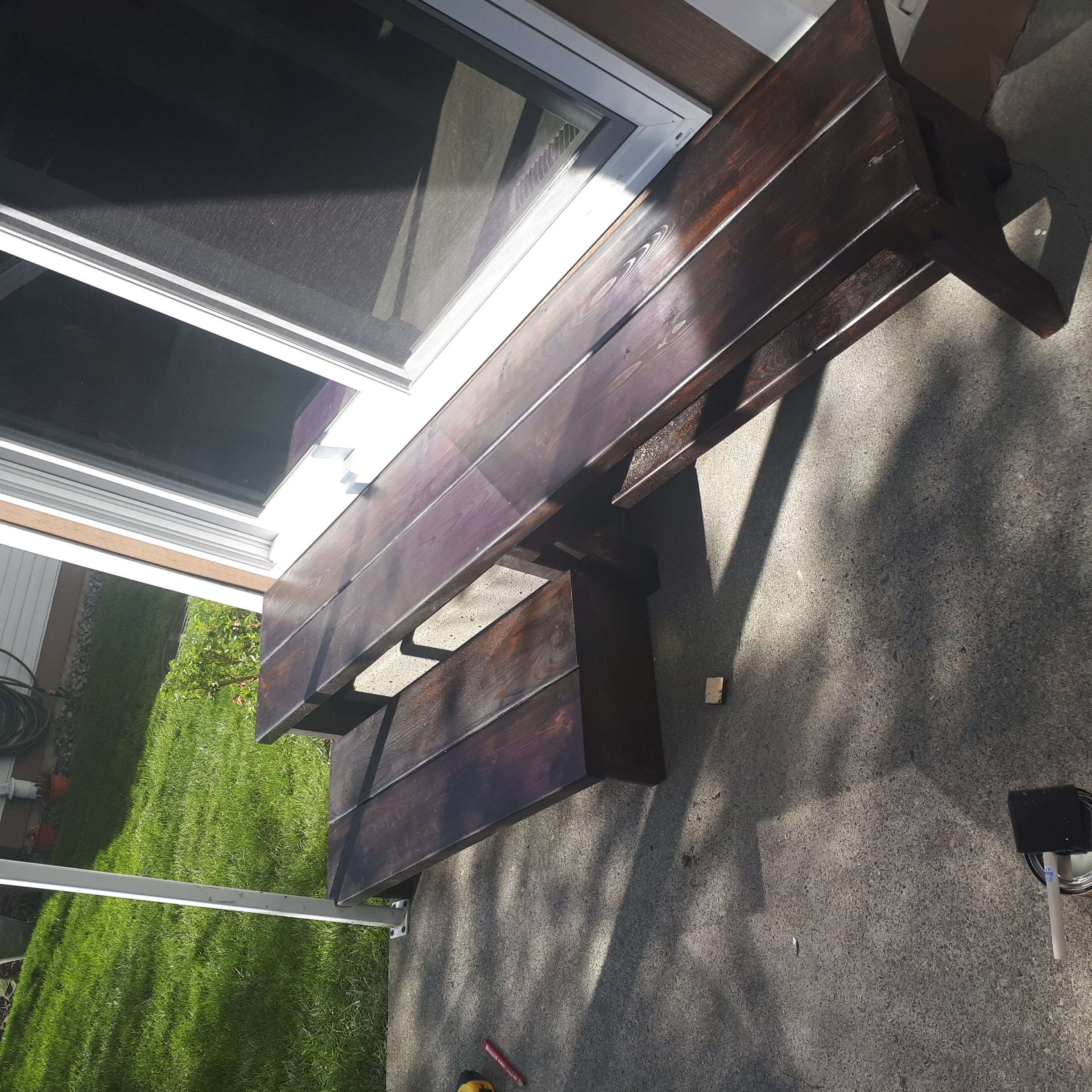 Custom carpentry project - Pine bench from scrapped wood after stripping concrete foam.